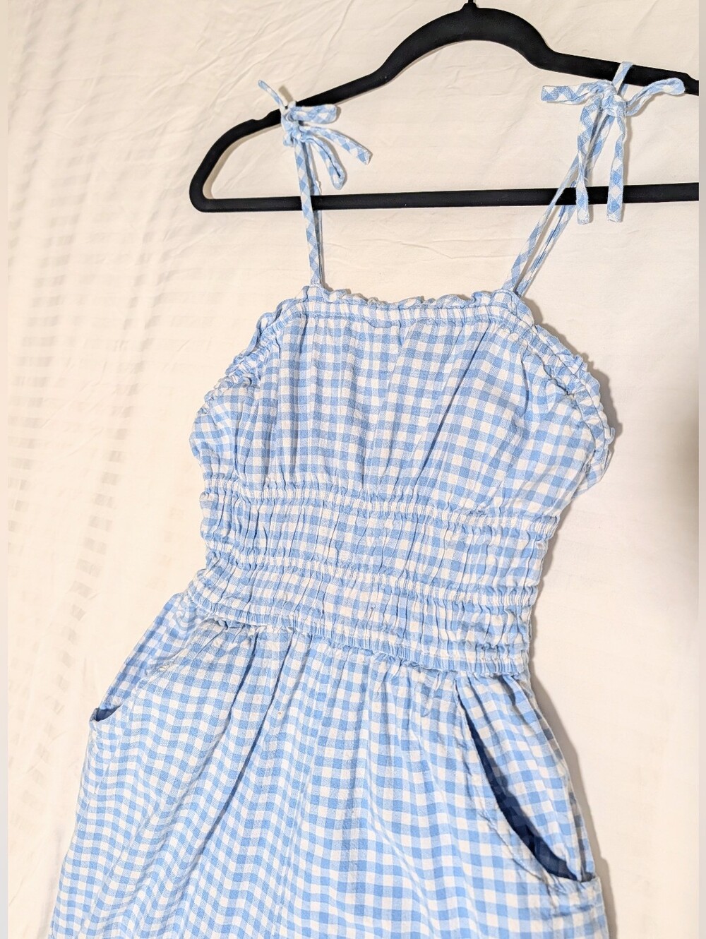 Sleeveless Blue Gingham Jumpsuit with Smocked Waist - Picture 3 of 6